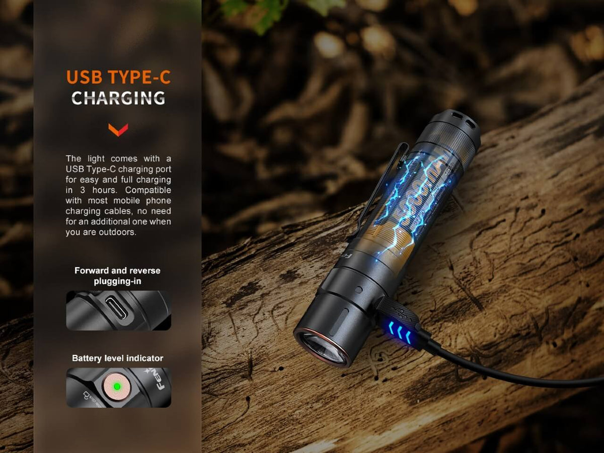 Fenix Store E35R EDC flashlight with USB Type-C charging, black body and visible circuitry on Tampa Home & Garden Store
