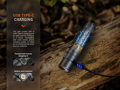 Fenix Store E35R EDC flashlight with USB Type-C charging, black body and visible circuitry on Tampa Home & Garden Store