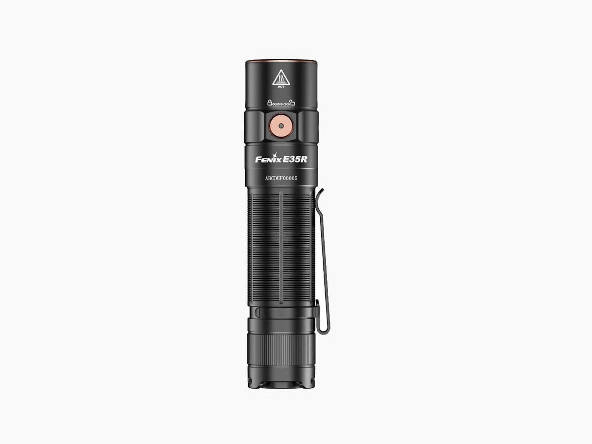 Fenix E35R EDC flashlight, black aluminum body with copper power button, rechargeable on Tampa Home & Garden Store