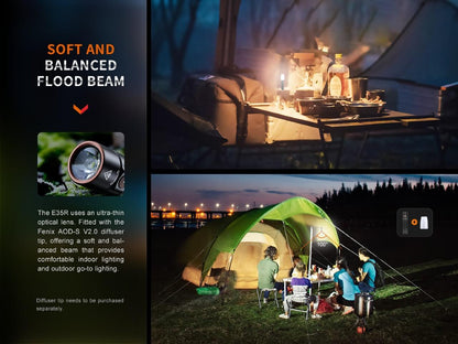 Fenix E35R flashlight, high-performance rechargeable LED EDC light with black body and copper bezel on Tampa Home & Garden Store