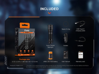 Fenix TK05R tactical flashlight black metal body with holster, USB-C cable, O-ring, lanyard on Tampa Home & Garden Store