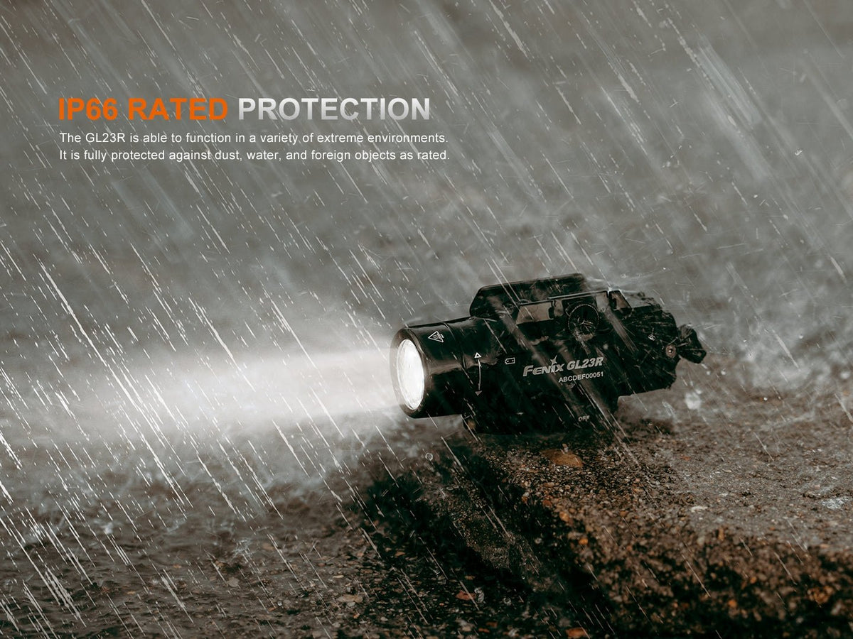 Fenix GL23R green laser tactical light weapon flashlight with black finish in heavy rain on Tampa Home & Garden Store