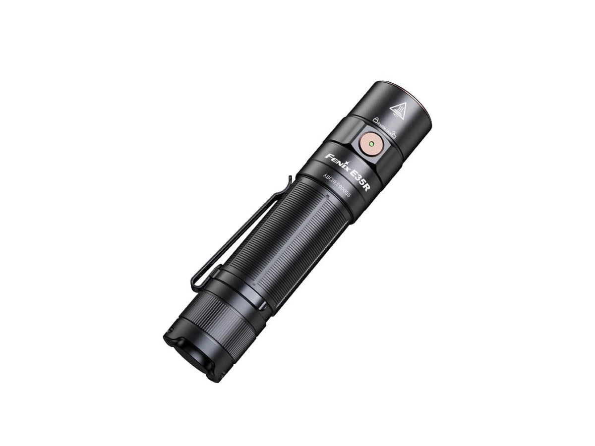 Fenix E35R rechargeable LED flashlight in black metal with pocket clip on Tampa Home & Garden Store