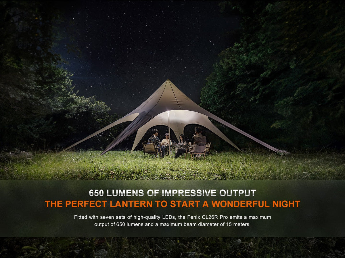 Fenix CL26R Pro LED camping lantern shown in night camping scene under a white canopy tent on Tampa Home & Garden Store