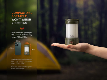 Lantern Fenix CL26R PRO high performance LED camping lantern held in hand olive base, white body on Tampa Home & Garden Store