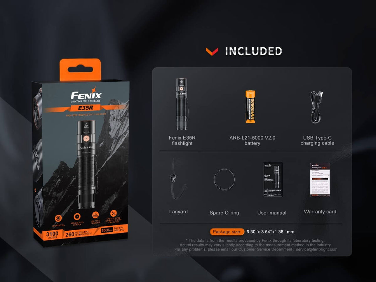 Fenix Store E35R flashlight, rechargeable LED EDC with black body and orange button on Tampa Home & Garden Store