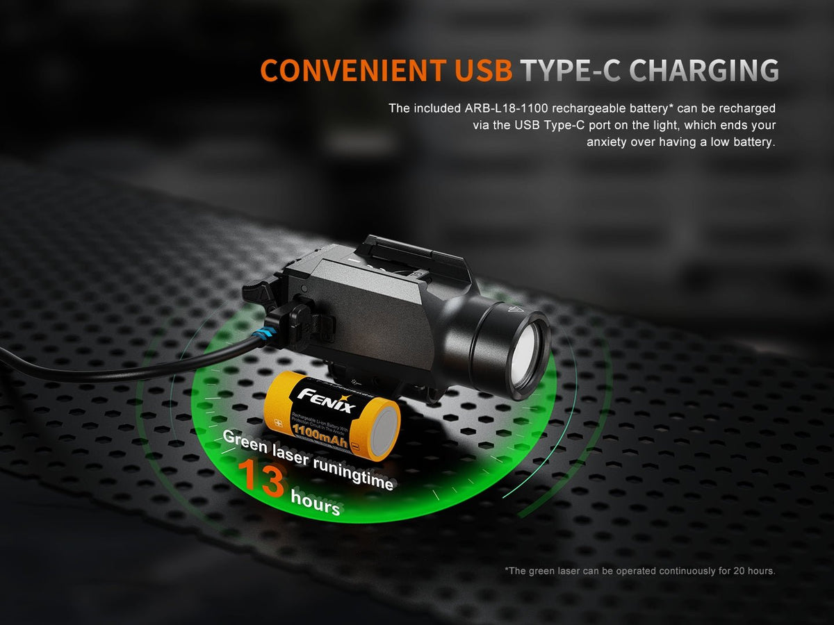 Fenix GL23R green laser weapon light with orange 1100mAh battery mounted on rail on Tampa Home & Garden Store
