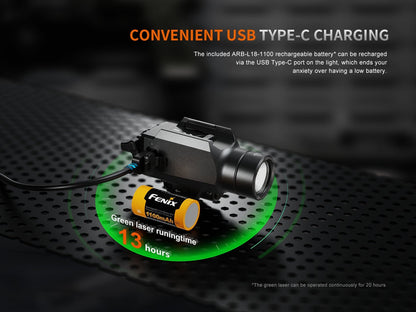 Fenix GL23R green laser weapon light with orange 1100mAh battery mounted on rail on Tampa Home & Garden Store