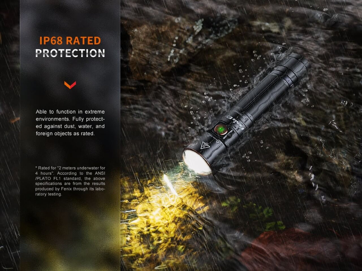 Fenix Store E35R rechargeable LED flashlight, black aluminum body, IP68 protection on Tampa Home & Garden Store