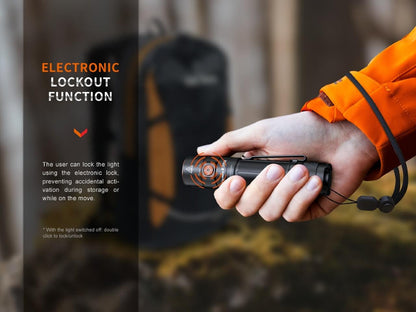 Fenix E35R EDC flashlight held in hand; black body with orange bezel and lanyard on Tampa Home & Garden Store