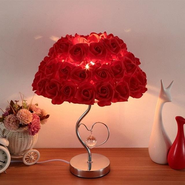 Table lamp with red rose shade, warm glow, crystal heart accent, wedding decor on Tampa Home & Garden Store