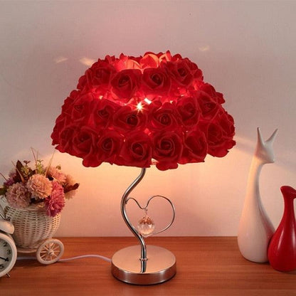 Table lamp with red rose shade, warm glow, crystal heart accent, wedding decor on Tampa Home & Garden Store