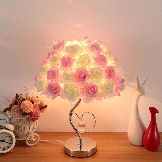 Stevvex table lamp with rose shade, pink and cream roses, curved heart stem, metal base on Tampa Home & Garden Store