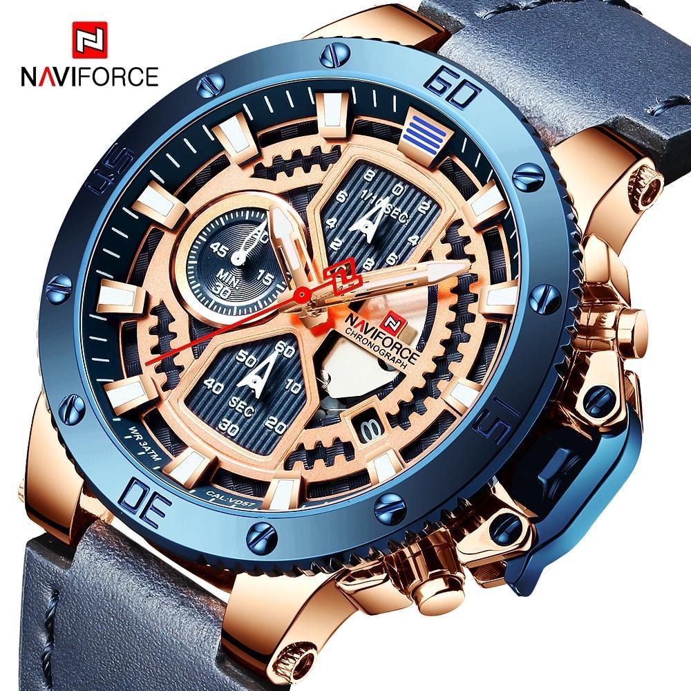 Men's chronograph watch with blue bezel, rose-gold case, luminous hands and Naviforce logo on Tampa Home & Garden Store