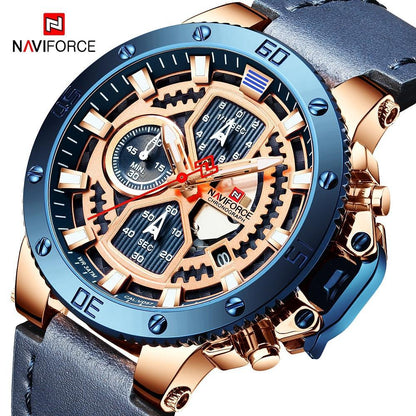 Men's chronograph watch with blue bezel, rose-gold case, luminous hands and Naviforce logo on Tampa Home & Garden Store
