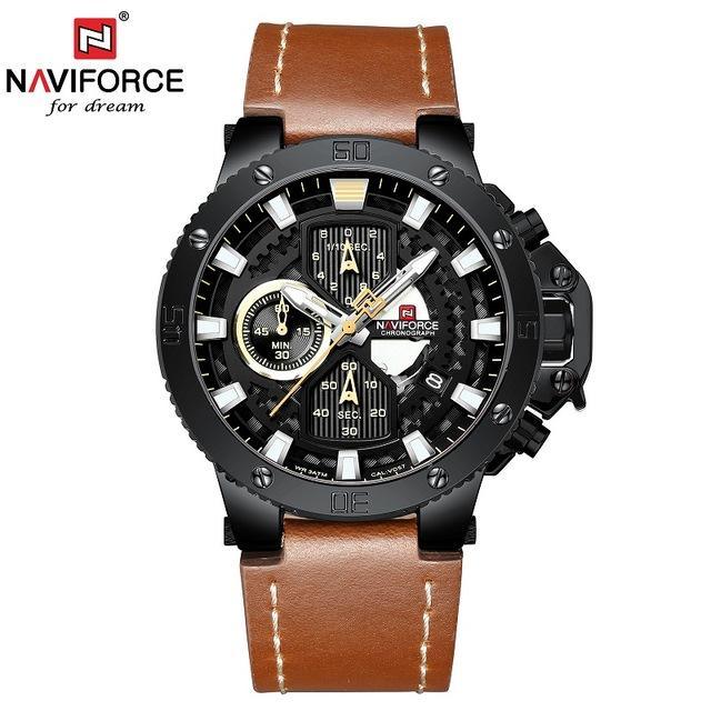 Naviforce men's chronograph watch with black case, brown leather strap and fluorescent hands on Tampa Home & Garden Store