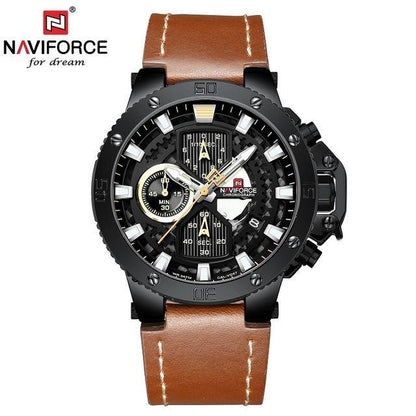 Naviforce men's chronograph watch with black case, brown leather strap and fluorescent hands on Tampa Home & Garden Store