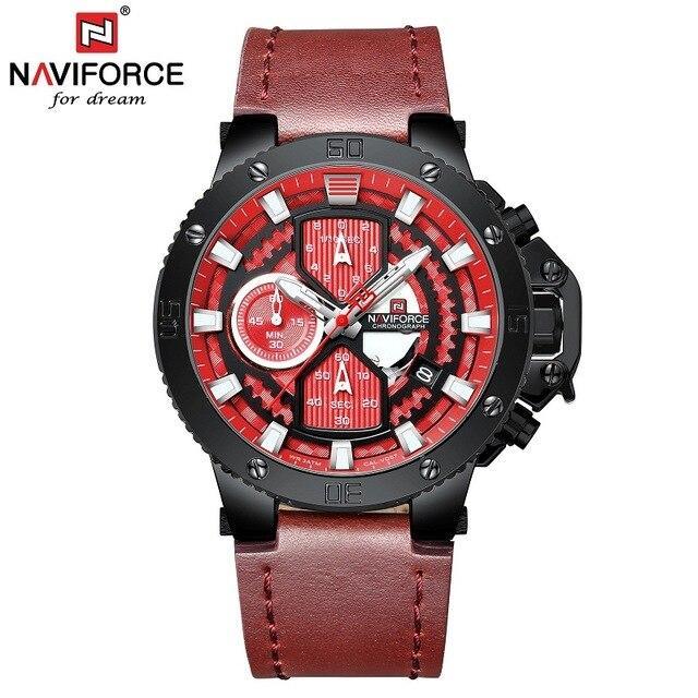 Men's Naviforce chronograph watch with red dial, black case and brown leather strap on Tampa Home & Garden Store