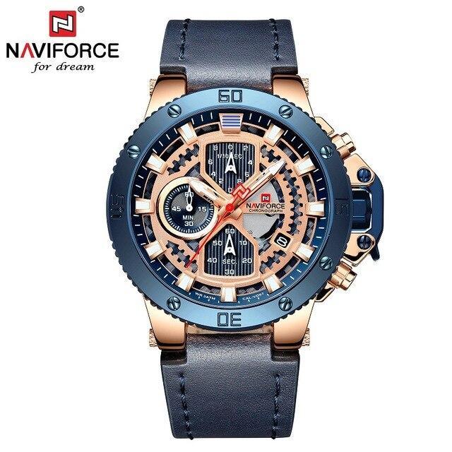 Men's Naviforce chronograph watch with blue bezel, blue leather strap, luminous hands on Tampa Home & Garden Store