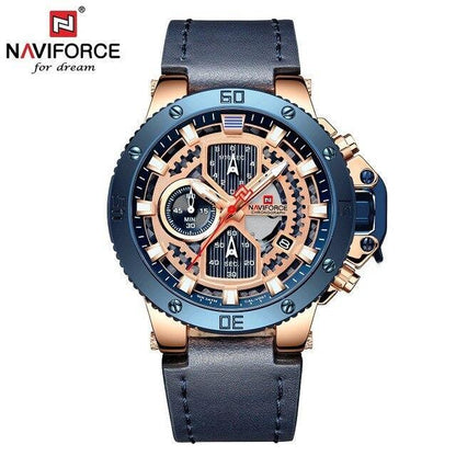 Men's Naviforce chronograph watch with blue bezel, blue leather strap, luminous hands on Tampa Home & Garden Store