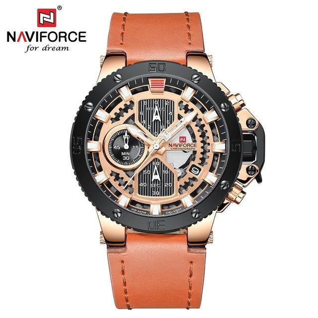 Men's Naviforce chronograph waterproof watch with fluorescent hands and brown leather strap on Tampa Home & Garden Store