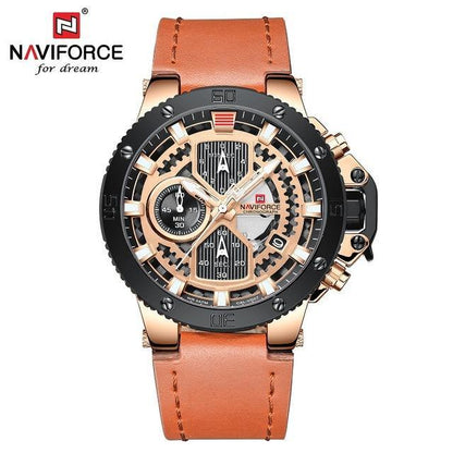Men's Naviforce chronograph waterproof watch with fluorescent hands and brown leather strap on Tampa Home & Garden Store