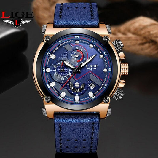 Men's waterproof watch with blue dial and blue leather strap, rose gold case, LIGE logo on Tampa Home & Garden Store