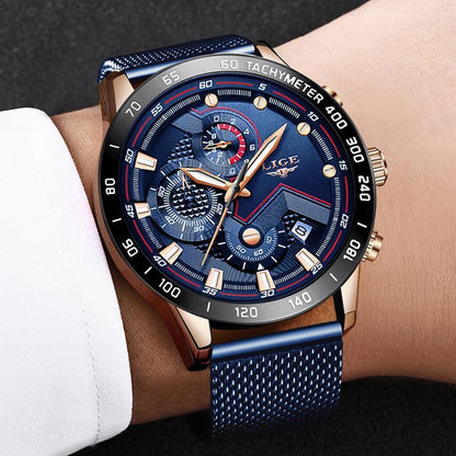 Men's sports waterproof watch with blue dial and stainless steel mesh bracelet by Stevvex on Tampa Home & Garden Store