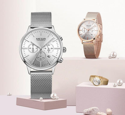 Stevvex wristwatch set: silver mesh chronograph, rose-gold mesh, gold-tone bracelet watches on Tampa Home & Garden Store
