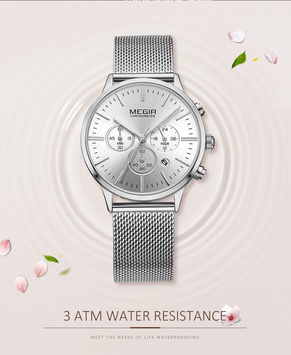 Womens Megir chronometer wristwatch with silver stainless mesh band and chronograph subdials on Tampa Home & Garden Store