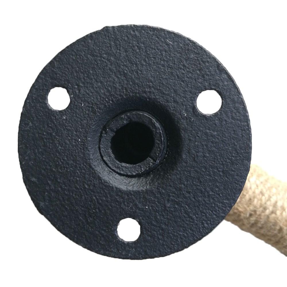 Door handle backplate, black round iron with mounting holes and bore, industrial rope pull on Tampa Home & Garden Store