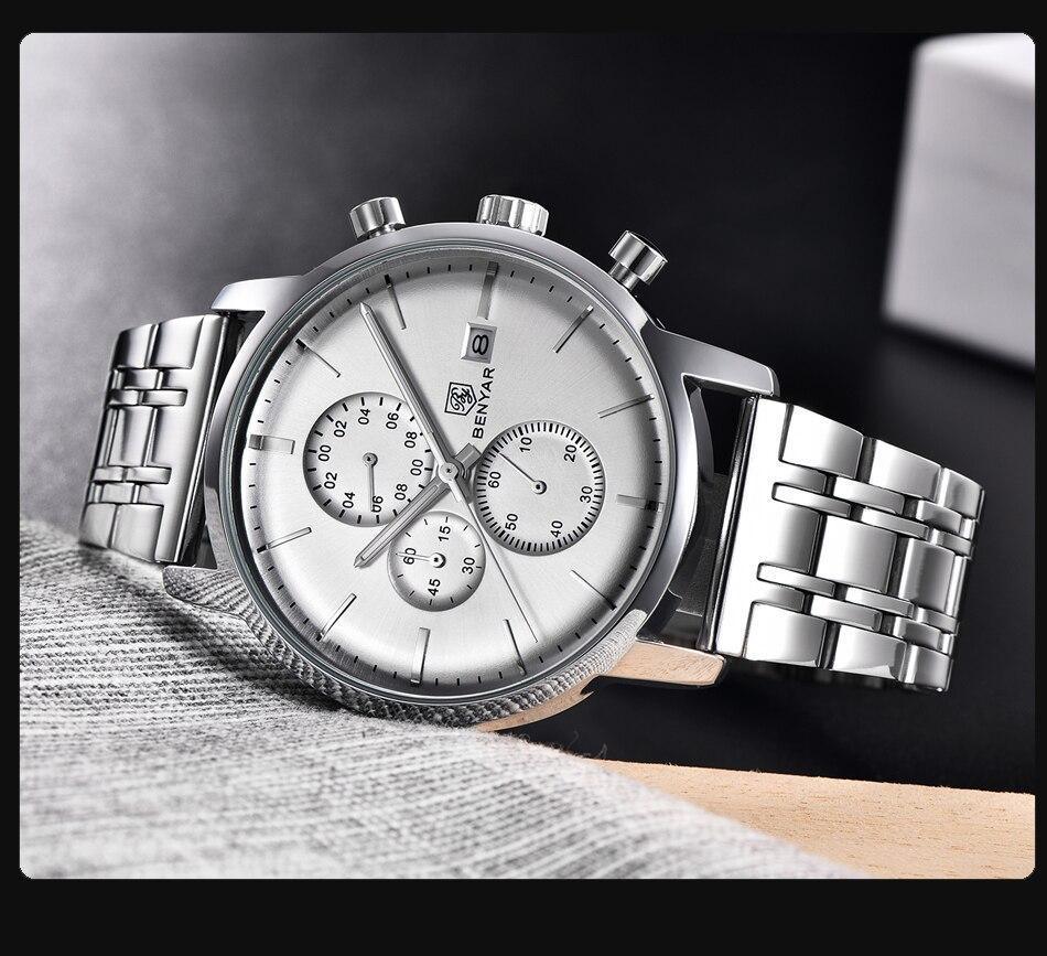 Men's stainless steel chronograph watch with silver dial, date window, Benyar on dial on Tampa Home & Garden Store