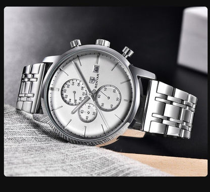 Men's stainless steel chronograph watch with silver dial, date window, Benyar on dial on Tampa Home & Garden Store