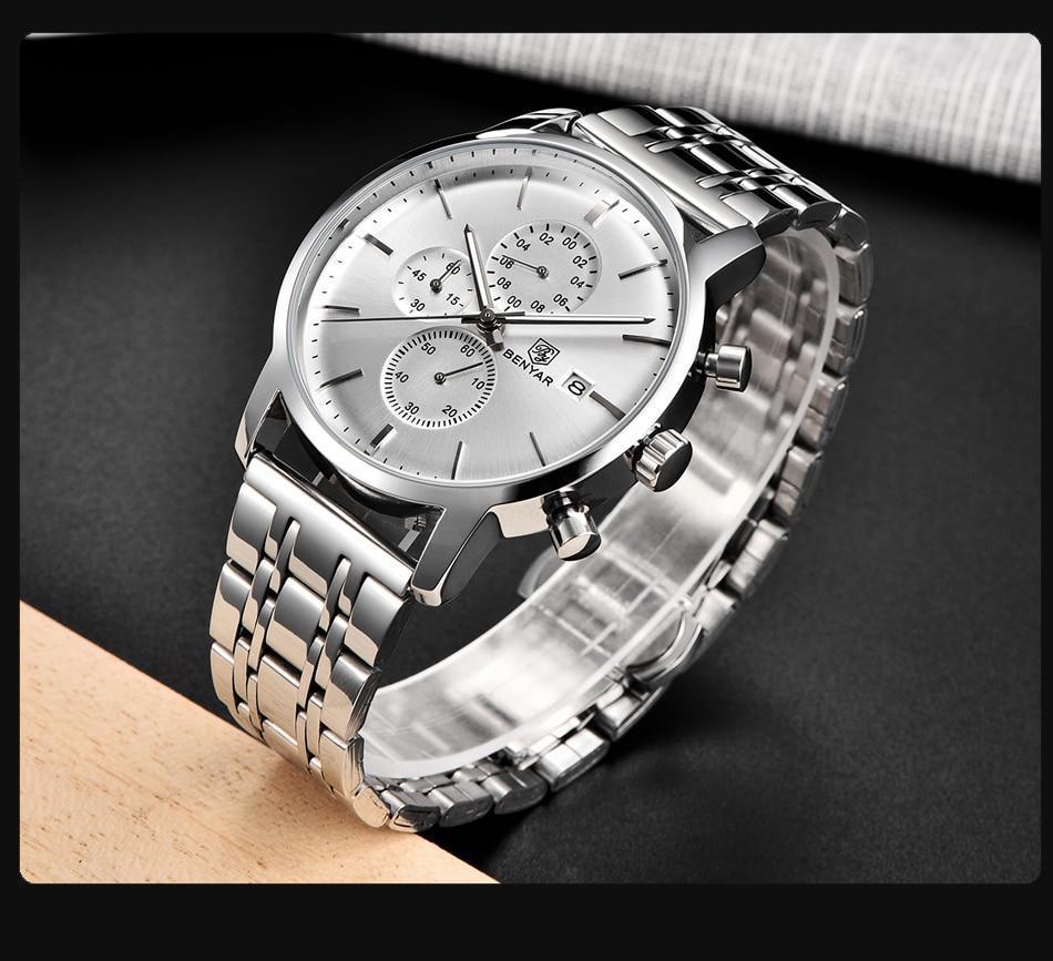 Men's stainless steel quartz chronograph wristwatch with silver dial and Benyar logo on Tampa Home & Garden Store