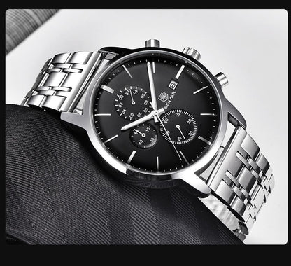 Stevvex men's stainless steel chronograph wristwatch with black dial and bracelet on Tampa Home & Garden Store