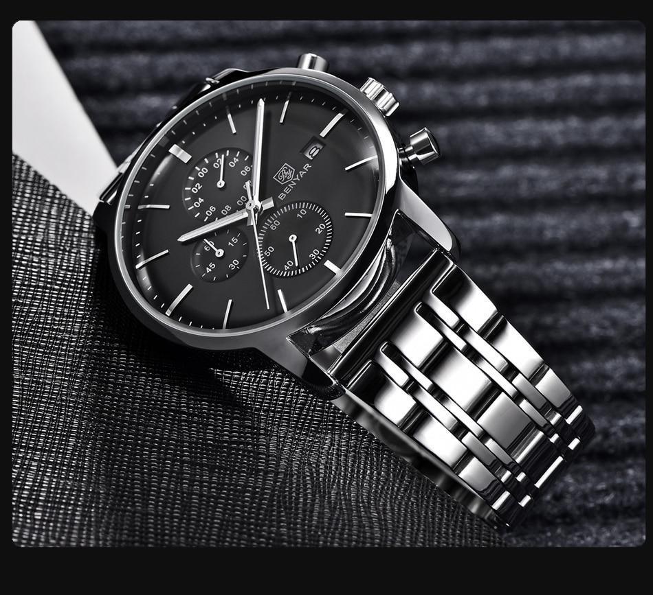 Stevvex ST661BINUS11 steel quartz luxury chronograph watch with black dial and steel bracelet on Tampa Home & Garden Store