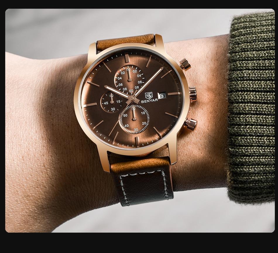 Men's Benyar chronograph wristwatch with brown dial, rose-gold case, and brown leather strap on Tampa Home & Garden Store