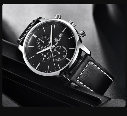 Stevvex ST661BINUS11 men's black leather strap watch, steel case, chronograph dial on Tampa Home & Garden Store