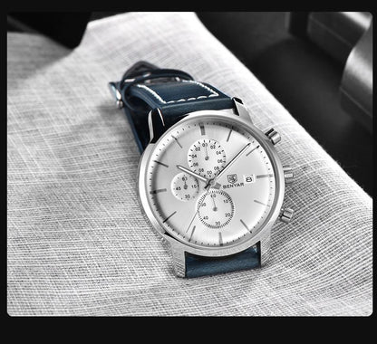 Stevvex Benyar ST661BINUS11 men's steel quartz chronograph watch with blue leather strap on Tampa Home & Garden Store