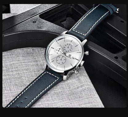 Stevvex ST661BINUS11 stainless steel chronograph watch with blue leather strap and date window on Tampa Home & Garden Store