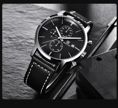 Stevvex ST661BINUS11 men's black leather strap watch with silver steel case and chronograph dials on Tampa Home & Garden Store