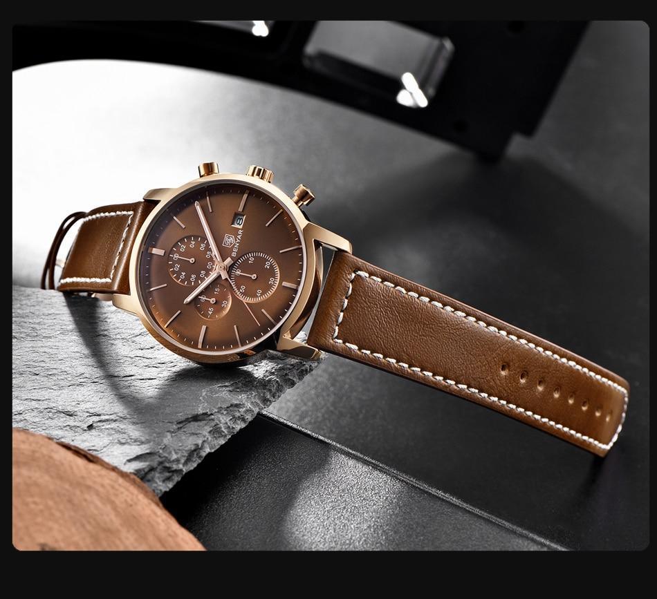 Stevvex men's watch with brown dial, gold-tone stainless steel case, brown leather strap on Tampa Home & Garden Store