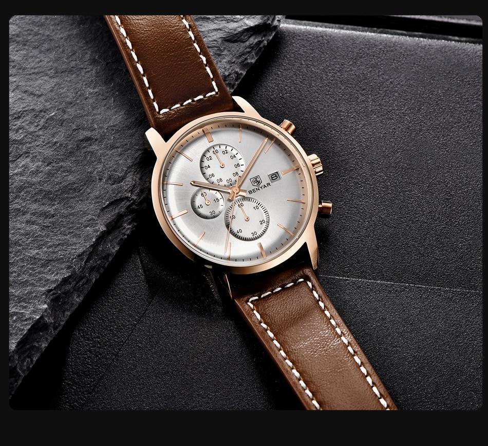 Men's Benyar chronograph watch with brown leather strap, rose-gold case, silver dial on Tampa Home & Garden Store