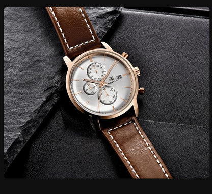 Men's Benyar chronograph watch with brown leather strap, rose-gold case, silver dial on Tampa Home & Garden Store