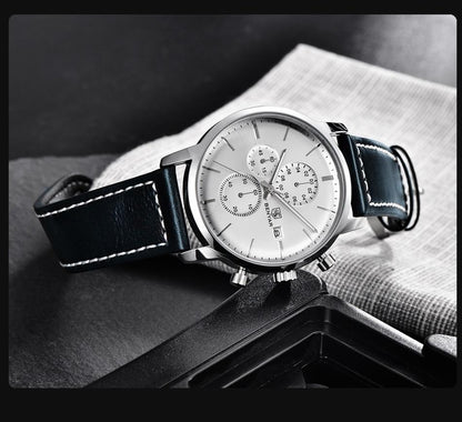 Stevvex men's steel quartz luxury wristwatch with white dial and black leather strap on Tampa Home & Garden Store