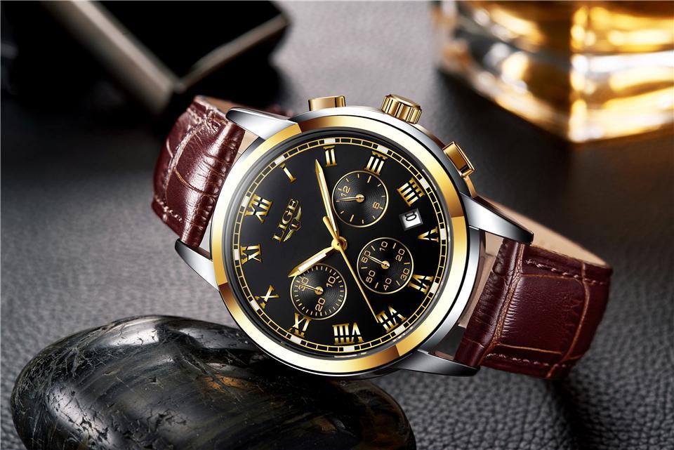 Men's Stevvex watch with black dial, gold-tone bezel, chronograph subdials, brown leather strap on Tampa Home & Garden Store