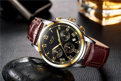 Men's Stevvex watch with black dial, gold-tone bezel, chronograph subdials, brown leather strap on Tampa Home & Garden Store