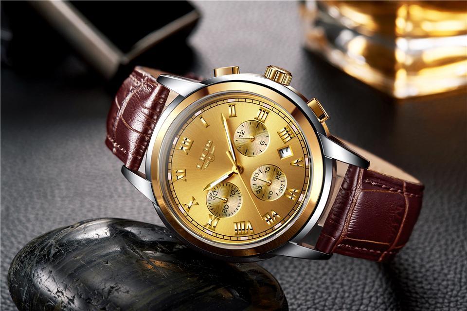 Men's Stevvex watch with gold dial, chronograph subdials, steel case, brown leather strap on Tampa Home & Garden Store