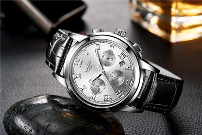 Stevvex men's chronograph watch with silver dial, Roman numerals, subdials, date, leather strap on Tampa Home & Garden Store