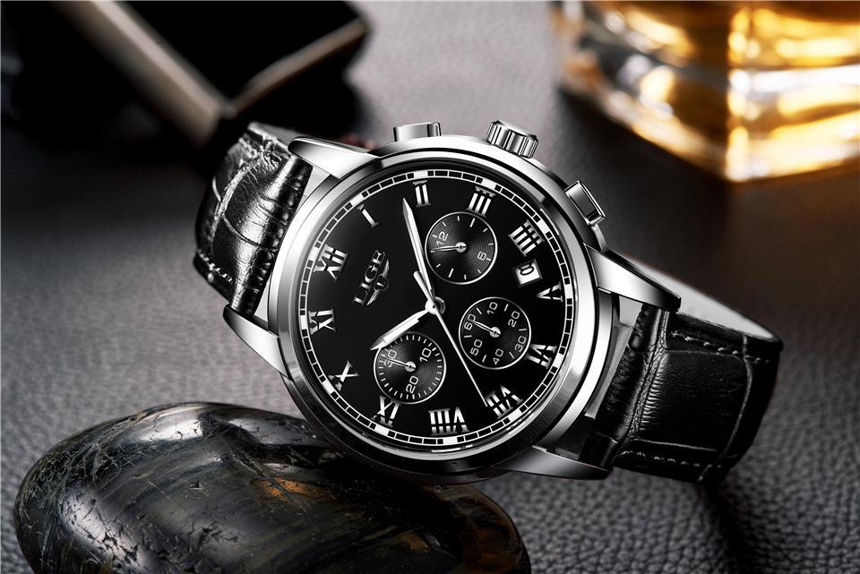 Stevvex men's elegant chronograph watch with black dial, silver case, black leather strap on Tampa Home & Garden Store